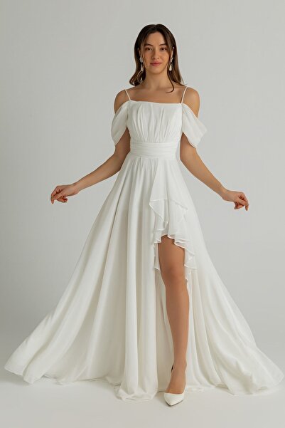 lovebox Lined Stretchy Chiffon Fabric Thin Strap Slit Detailed Maxi Length White Evening Dress 1380