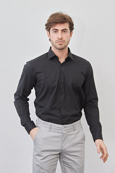 RAVANELLI Ανδρικό μαύρο μοντέρνο μακρυμάνικο πουκάμισο Dobby Oxford με λεπτή εφαρμογή