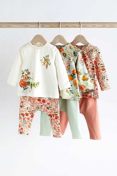 Next Baby White Green Floral Patterned Cotton 3-Piece Set