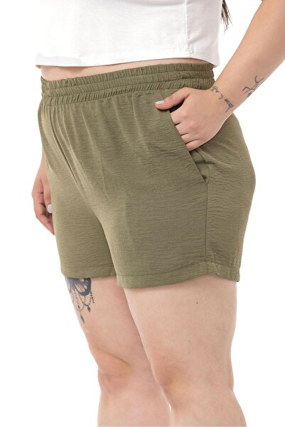 DISENTIS MODEST Large Size Elastic Waist Side Pocket Khaki Shorts