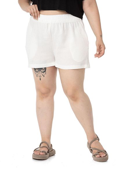 DISENTIS MODEST Plus Size Elastic Waist Side Pocket Ecru Shorts