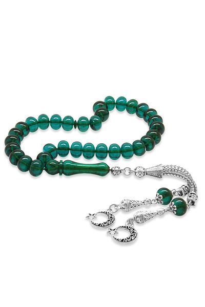 Tesbihane Non-Tarnish Metal Crescent Star Tasseled Wheel Cut Turquoise Fire Amber Prayer Beads