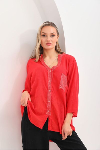 AYASOFYA OTANTIK Women's Red Foldable Sleeve Sequin Linen Shirt Blouse