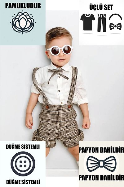Ares Kids Fashion Striped Brown Salopet White Shirt And Neck Collar Accessory Holiday Special Daily Children's Baby Clothing
