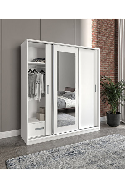 SEVENPAL MOBİLYA Luma 3 Kapaklı 2 Çekmeceli Aynalı Sürgülü Dolap