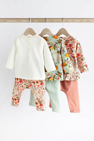 Next Baby White Green Floral Patterned Cotton 3-Piece Set