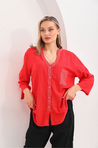 AYASOFYA OTANTIK Women's Red Foldable Sleeve Sequin Linen Shirt Blouse