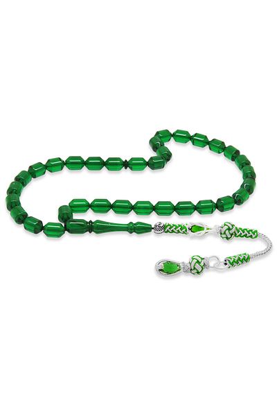 Tesbihane Copper Kazaz Tassel Tip Capsule Cut Emerald Green Fire Amber Prayer Beads