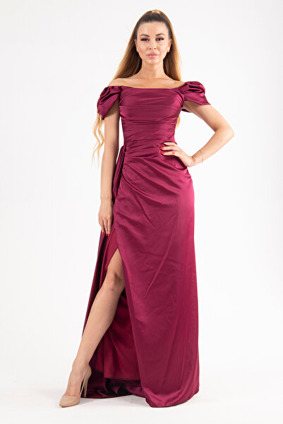 belamore Drape Detaylı Saten Kumaş Abiye Elbise Mürdüm 9704858