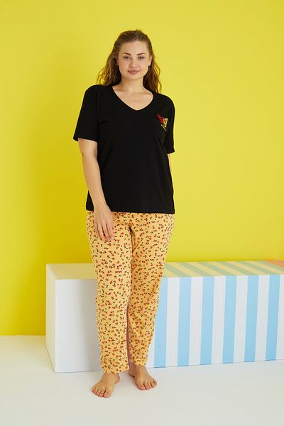 Siyah İnci multicolor Curve Plus Size Oversize Knitted Pajamas Set
