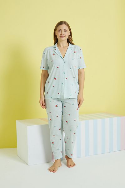 Siyah İnci multi-colored Knitted Curve Plus Size Oversize Buttoned Pajamas Set