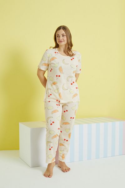 Siyah İnci multicolor Curve Plus Size Oversize Knitted Pajamas Set