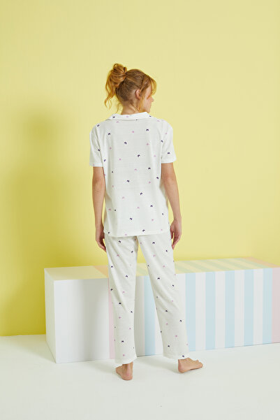 Siyah İnci ekru çok renkli Örme Düğmeli Pijama Takım