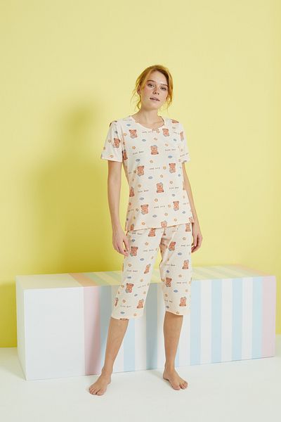 Siyah İnci Multicolored Knitted Capri Set