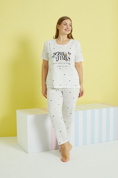 Siyah İnci Ecru Multi-Colored Curve Large Size Oversize Knitted Pajama Set