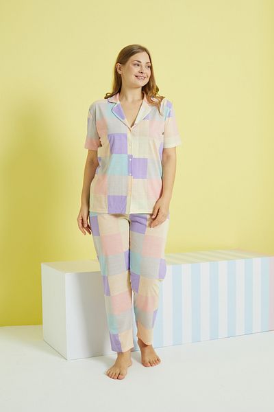 Siyah İnci multi-colored Knitted Curve Plus Size Oversize Buttoned Pajamas Set