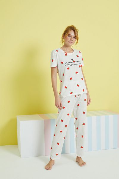 Siyah İnci Ecru Multicolor Knitted Pajama Set