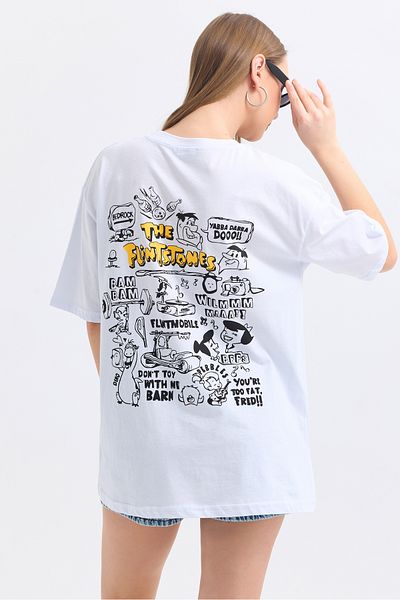 MD trend Women's Front and Back Flinstone Printed Cotton Oversize T-Shirt