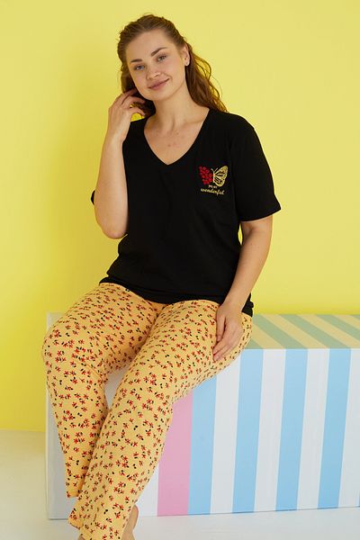 Siyah İnci multicolor Curve Plus Size Oversize Knitted Pajamas Set