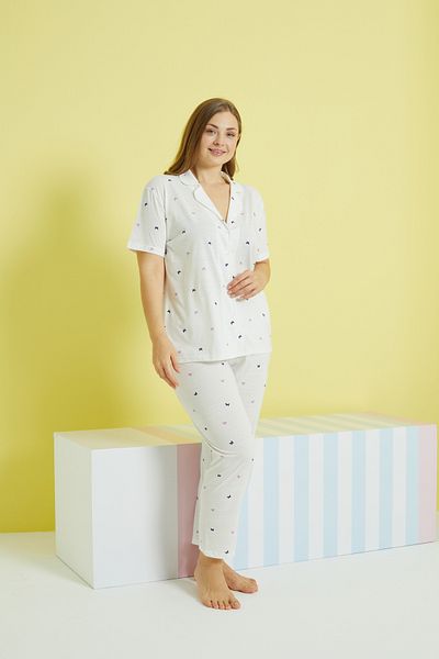 Siyah İnci multi-colored Knitted Curve Plus Size Oversize Buttoned Pajamas Set