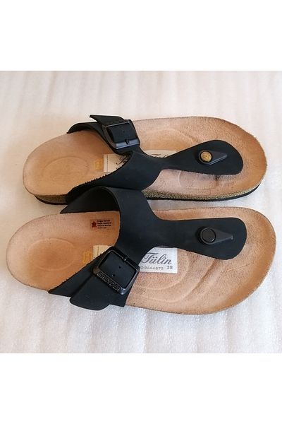 Butik Tülin جلد البقر الأصلي للجنسين باللون الأزرق الداكن - شبشب من جلد نوبوك وإبزيم ونعل من الفلين إيفا