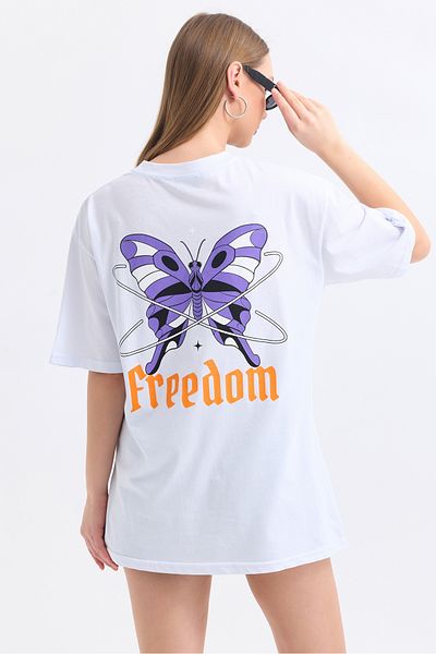 MD trend Tricou oversize din bumbac cu imprimeu cu fluturi Freedom față și spate pentru femei