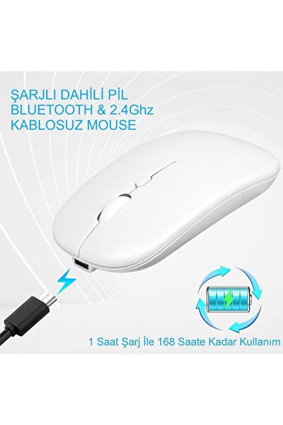 HyMark Sessiz Tıklama Şarjlı Çift Modlu Bluetooth Kablosuz 2.4Ghz Beyaz Mouse