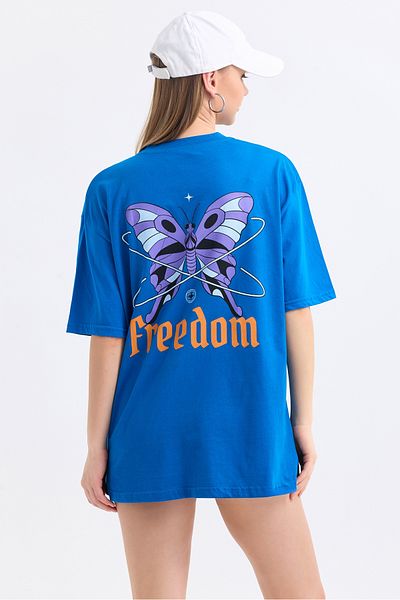 MD trend Tricou oversize din bumbac cu imprimeu cu fluturi Freedom față și spate pentru femei