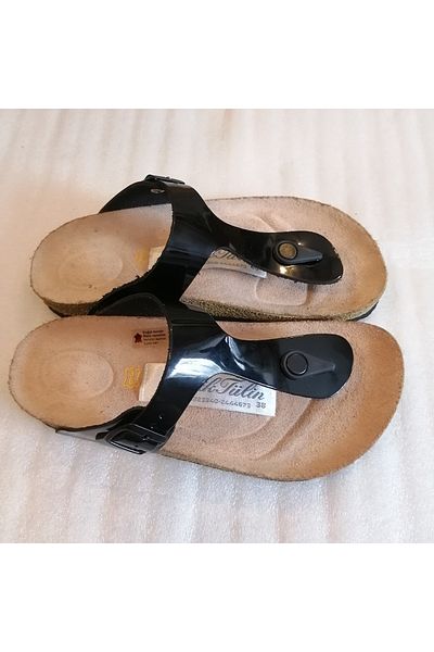 Butik Tülin شبشب للجنسين من الجلد الطبيعي باللون الأسود - إبزيم جانبي، نعل إيفا، نعل فليب فلوب