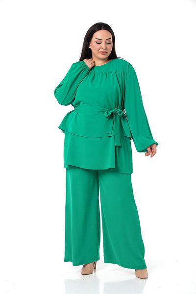 DISENTIS MODEST Plus Size Double Layer Front Belted Sleeve Elastic Mouth Benetton Green Blouse