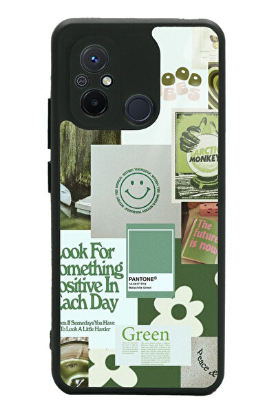 Spoyi Xiaomi Redmi 12C Green Sticker Tasarımlı Glossy Telefon Kılıfı