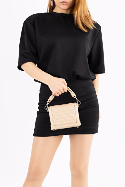 Getcho Merles Women's Beige Quilted Patterned Chain Strap Women's Shoulder Bag Small Size Pu Leather Cross Model