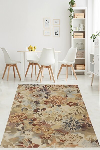Pelangi Vintage Çiçek Desen Yıkanabilir Kaymaz Taban Leke Tutmaz Salon Halısı