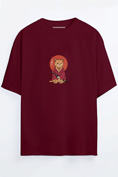 Harmandar Anime Samurai Cat Printed Unisex Μαύρο - Λευκό μπλουζάκι Oversize