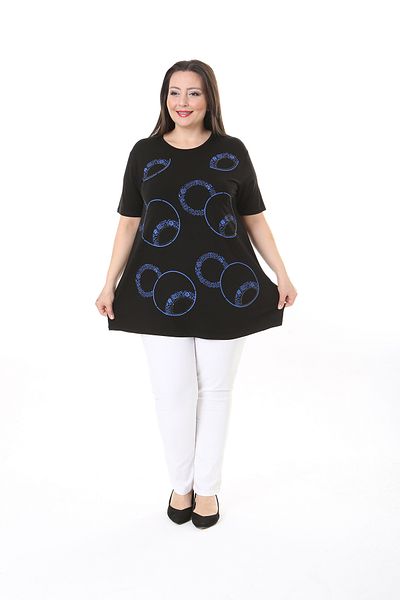 XL Modam WOMEN'S LARGE SIZE BLACK BLUE RING PATTERNED STONE PRINTED TUNIC