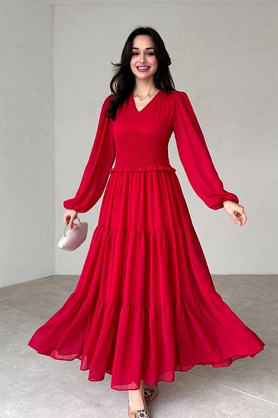 bayansepeti Piros sifon szövet Gippeli Design V-nyakú, hosszú ujjú szoknya réteges részlettel ellátott maxi ruha 090