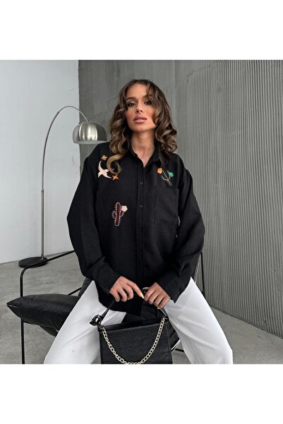 My Blog Cămașă din in brodat cactus negru