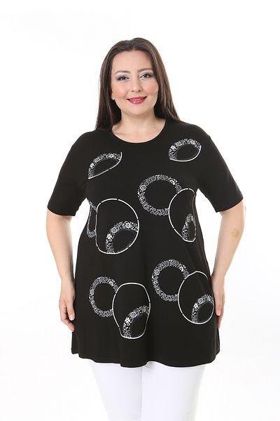 XL Modam WOMEN'S LARGE SIZE BLACK AND WHITE RING PATTERNED STONE PRINTED TUNIC
