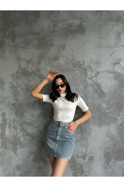 Eke Tekstil Fustă mini din denim cu curea de damă