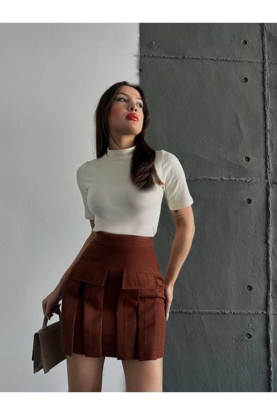 Eke Tekstil Γυναικεία Bitter Brown Cargo Pocket Λεπτομερής πλισέ μίνι φούστα