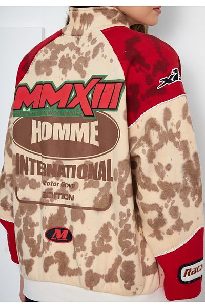 NEWLAKER Unisex Oversize Limited Edition Batik Washed Motosport Zippered Bomber Jacket
