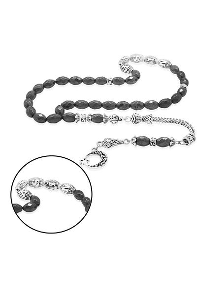 Tesbihane Non-Tarnish Metal Tasseled Facet Barley Cut Metal Name Written Hematite Natural Stone Rosary