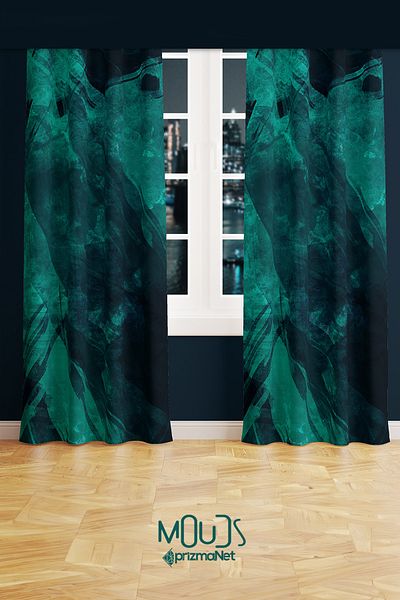 Moud's Green Navy Blue Patterned Suede Living Room, Living Room Background Curtain Printed Extrafor Drawstring 2 Sash Prd-1001
