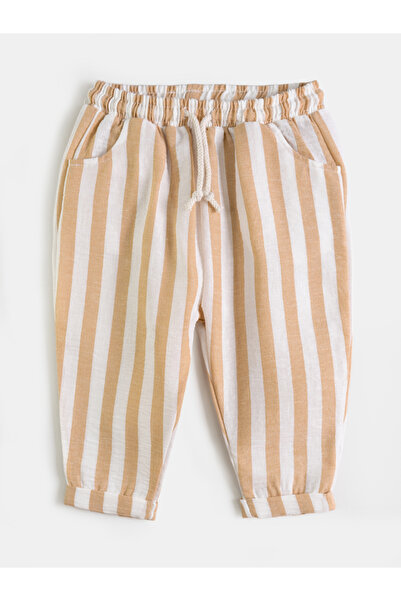 Cotton Trips Çizgili Dokulu Şalvar Pantolon (2-7 Yaş) - Sütlü Kahve