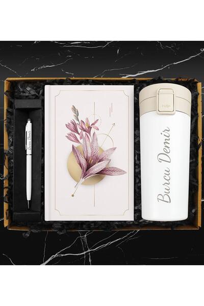 Genel Markalar 400 ML Otomatik Kilitli Beyaz Termos & Özel Tasarım Defter & K...