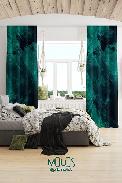 Moud's Green Navy Blue Patterned Suede Living Room, Living Room Background Curtain Printed Extrafor Drawstring 2 Sash Prd-1001