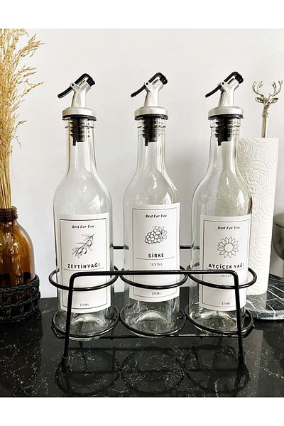Jenisa Triple Black Metal Stand Oil Sauce Bottle Stand 375 Ml Bottle with Label - White - ST00504-White-1