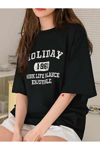 Revasser Unisex Kadın/Erkek HOLİDAY Renkli Özel Baskılı Oversize Pamuk Bisiklet Yaka Penye T-Shirt