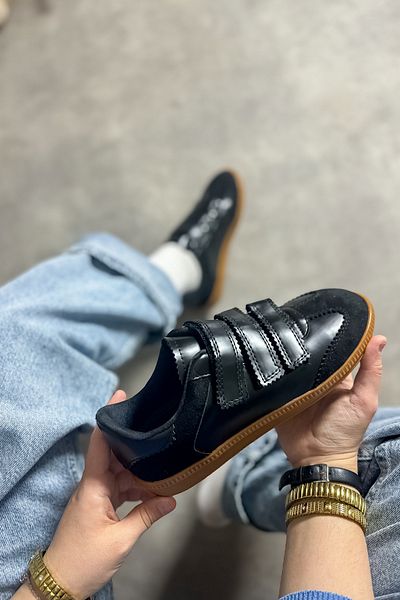 SHOEBELLAS Pantofi de damă Cırry, piele neagră, din piele întoarsă, cu velcro