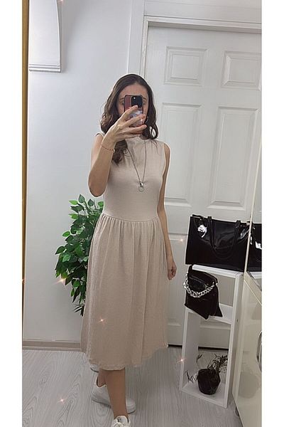 BETULAKSUBUTİK Stone Color Elastic Waist Dress